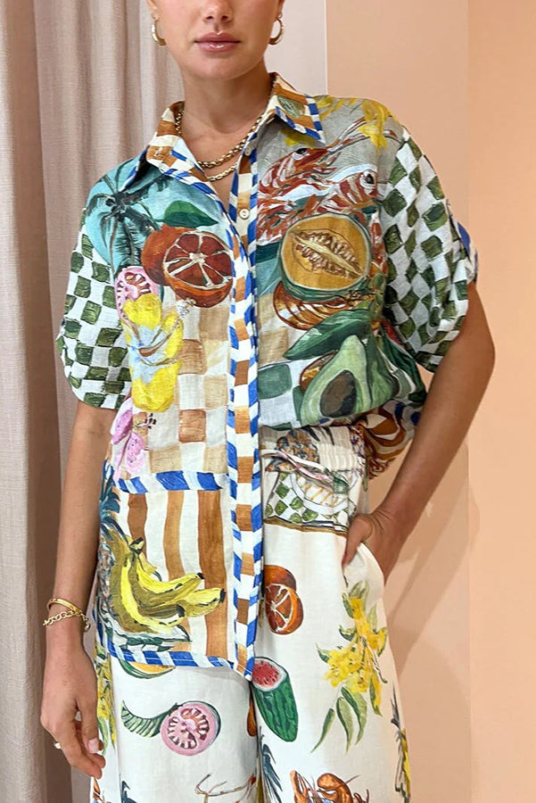 Spicy Lady – Oversize-Bluse aus Leinenmischung mit tropischem Fruchtdruck und Knopfleiste