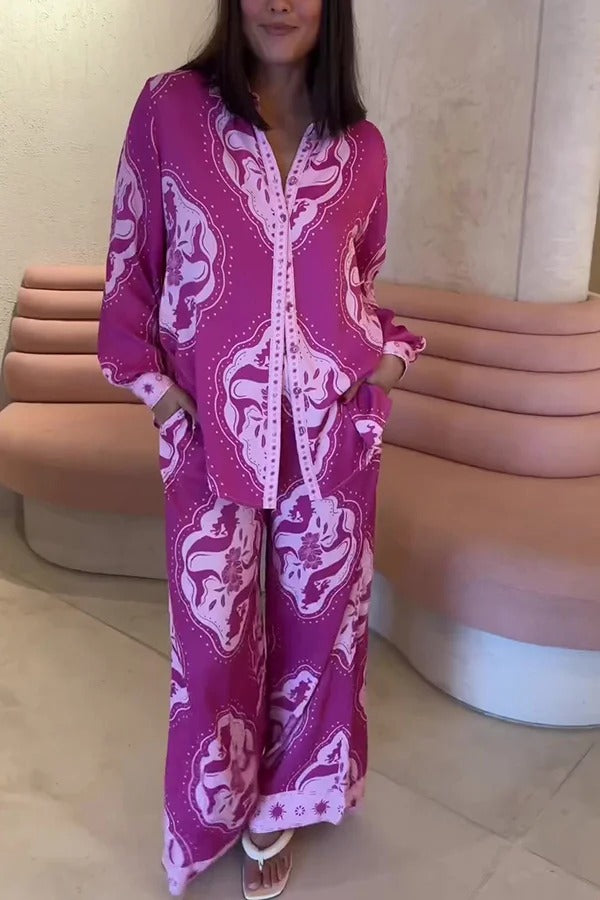 Ensemble chemise surdimensionnée à manches longues et pantalon à taille élastique à imprimé unique Elliot