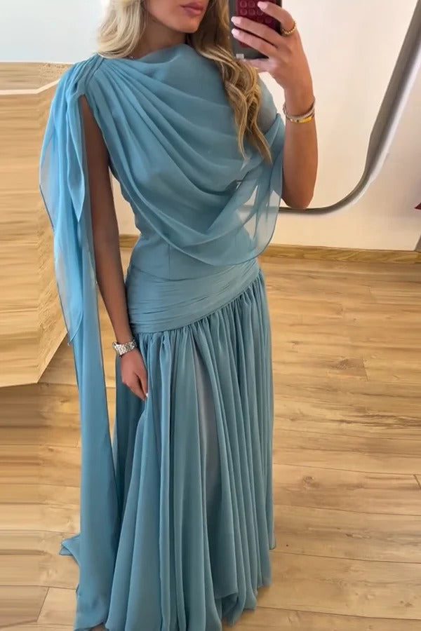 Solana Draped Sheer Cape Top and High Waist Pleated Slit Maxi Skirt Set