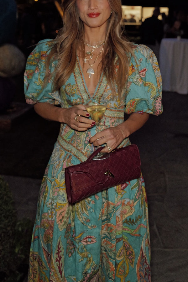 Retro-Midikleid mit V-Ausschnitt, Puffärmeln und Blumendruck