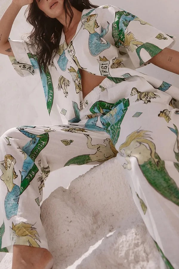 Set aus Hemdoberteil mit Meerjungfrauen-Print aus Leinenmischung und lockerer Hose mit elastischem Bund
