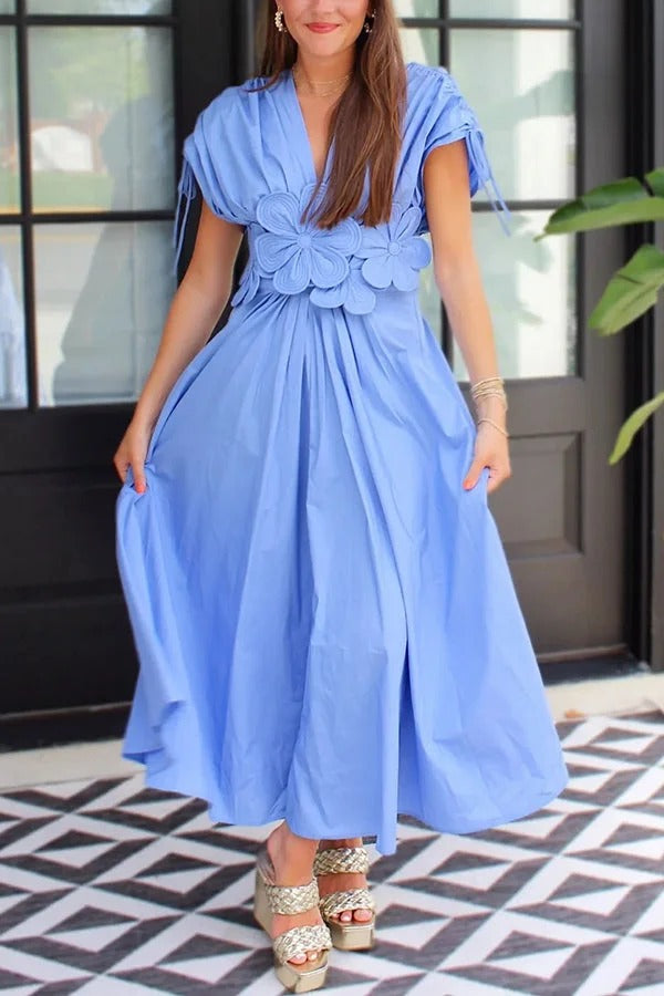 Alma Lockeres Midikleid mit Blumenapplikation, gerüschten weiten Ärmeln und elastischer Taille