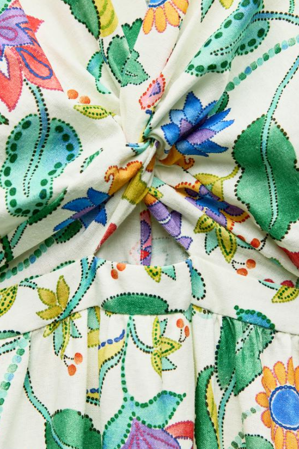 Maxikleid mit botanischem Blumendruck, V-Ausschnitt, Cut-out, Schnürung und elastischer Taille