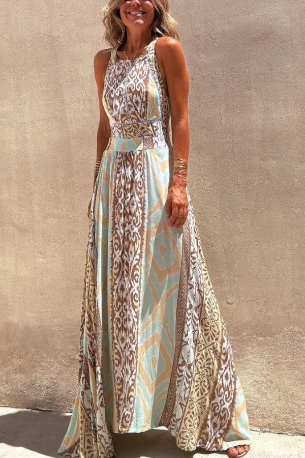 Robe longue à imprimé blocs de couleurs unique Kalena, dos nu, taille élastique et lien à nouer