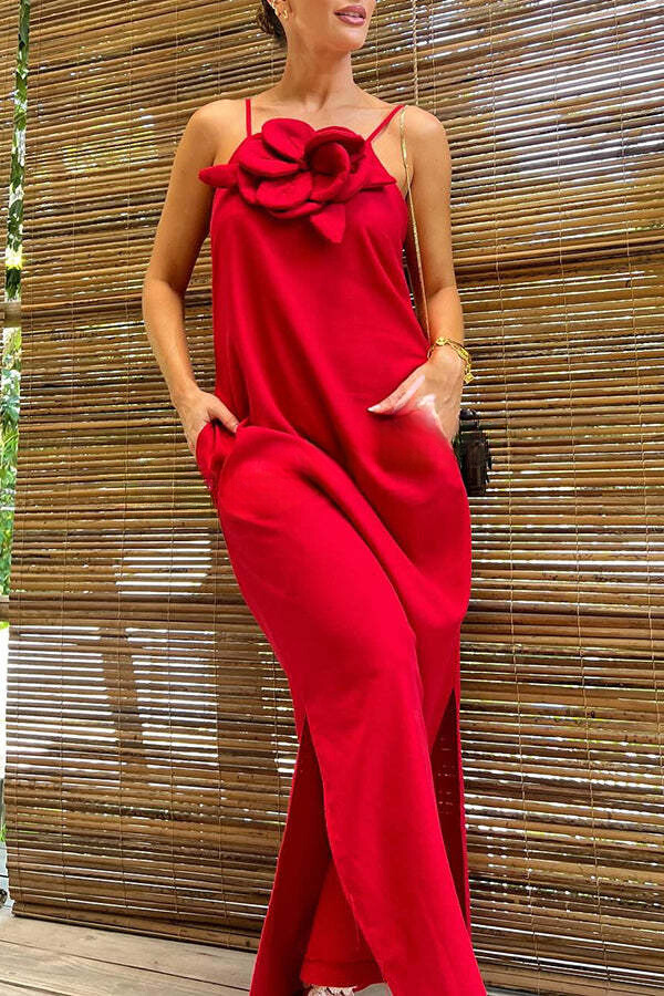 Vacay Ready – Maxikleid aus Leinenmischung mit Blumenverzierung, Taschen und Schlitz