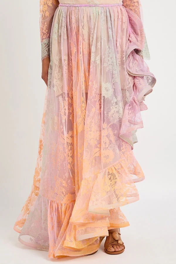 Tesley Lace Gradient Print Elastic Waist Irregular Ruffles Maxi Skirt