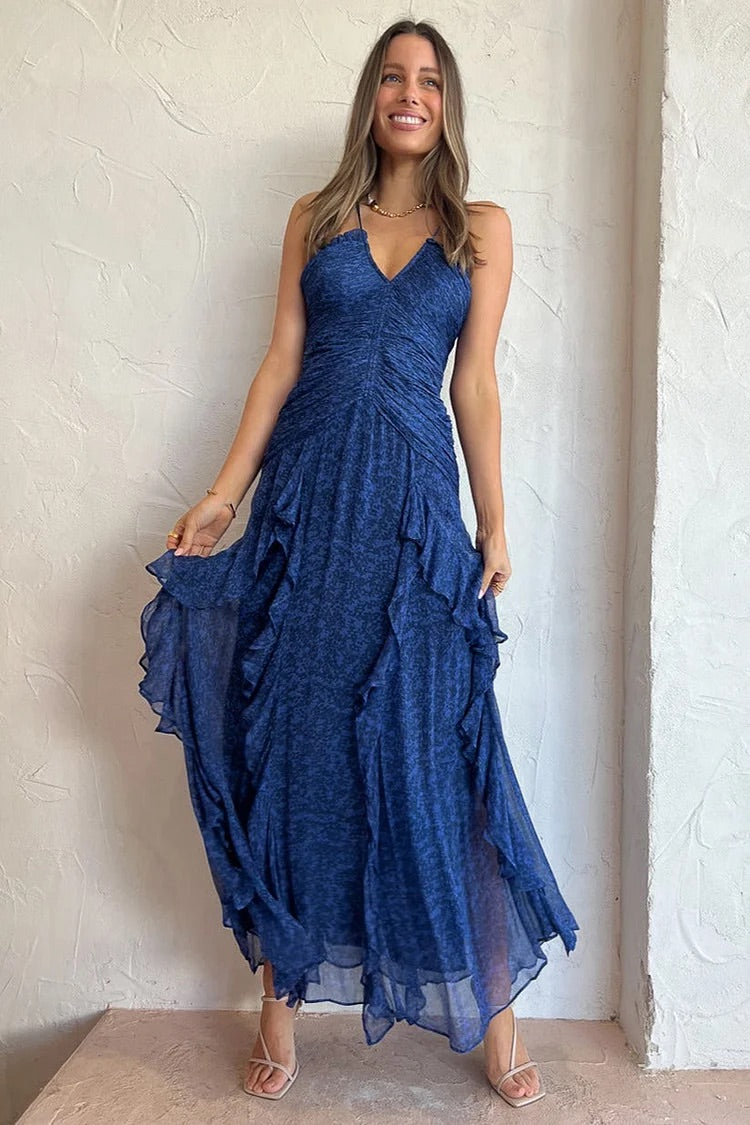 Cami Unregelmäßiger Hals Rüschen Geraffte Rückenfreie Tüll Cocktail Party Muster Druck Maxi Kleider