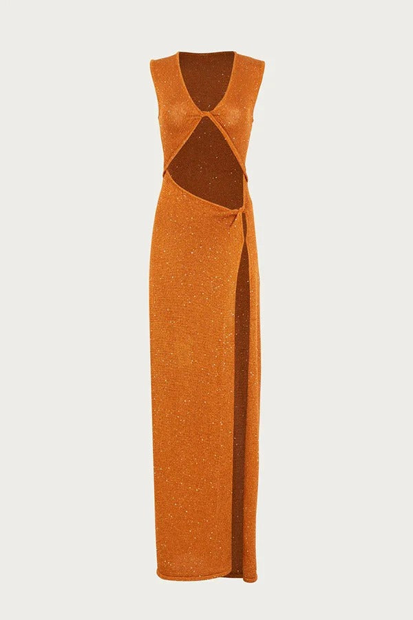 Schöne Figur Glänzender Strickstoff Ausschnitt Seitenschlitz Stretch Urlaub Maxikleid