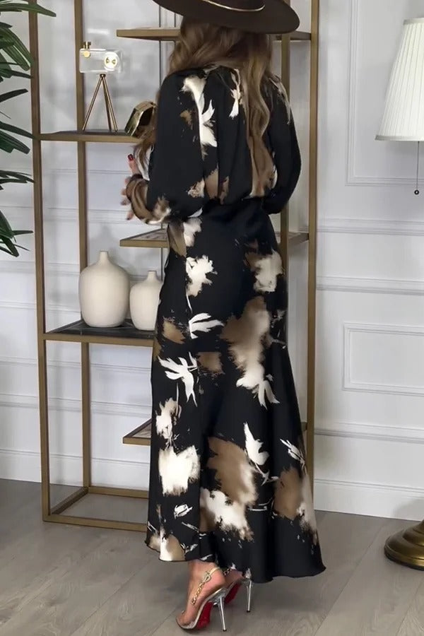 Ensemble chemisier ras du cou à manches ballon et jupe longue taille haute en satin Kona tie dye