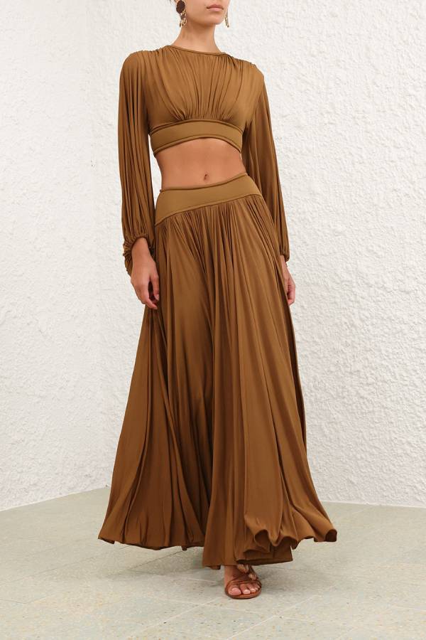 Dramatic Queen Gathered Batwing Sleeve Crop Top and Elastic Waist Slit Maxi Skirt Set