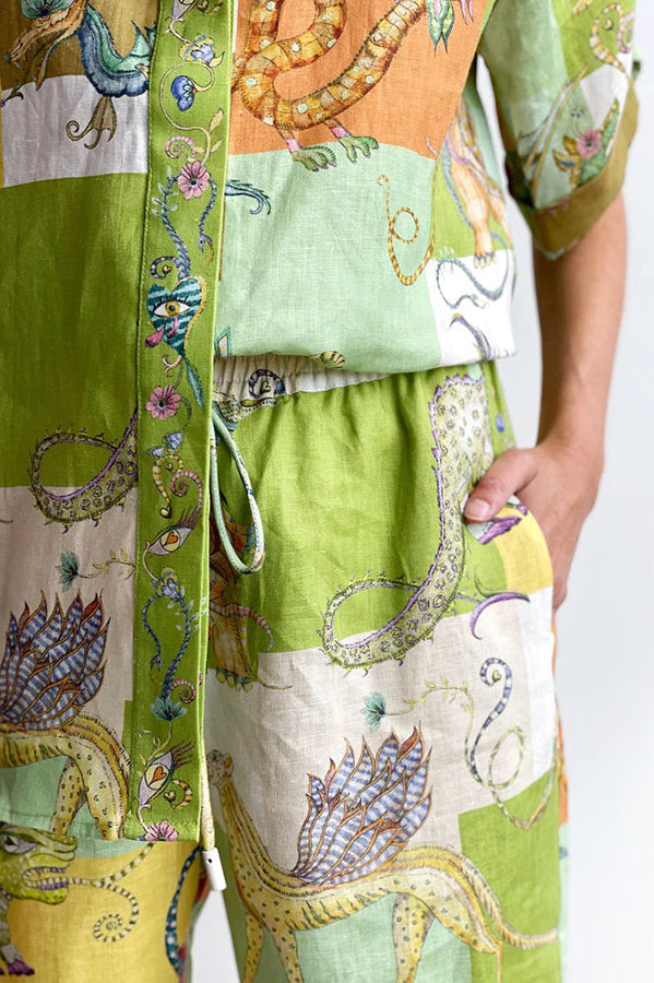 Chemisier oversize boutonné imprimé en lin mélangé Dragon Family