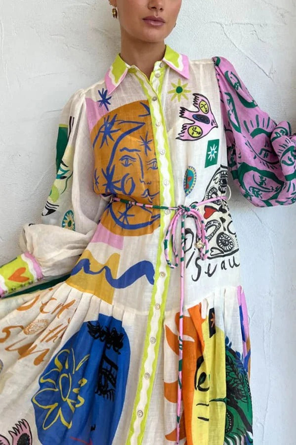 Boldness and Art – Patchwork-Hemd-Midikleid mit einzigartigem Druck und Ballonärmeln