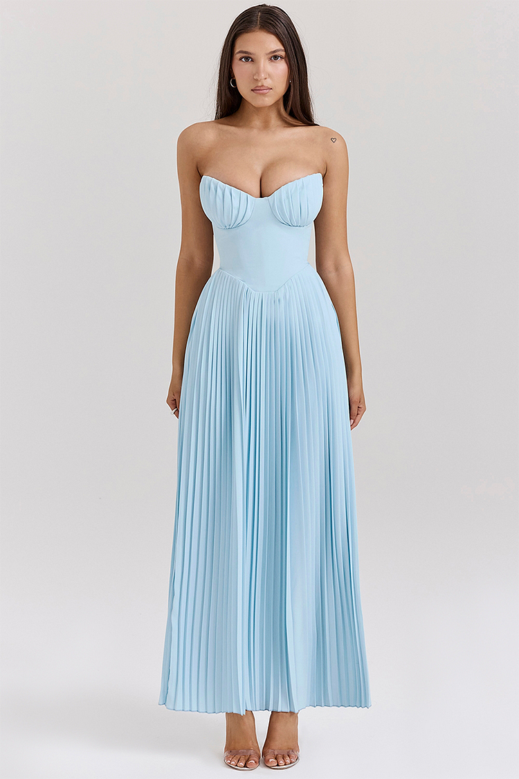 Strapless Cinch Waist Pleated Maxi Dresses