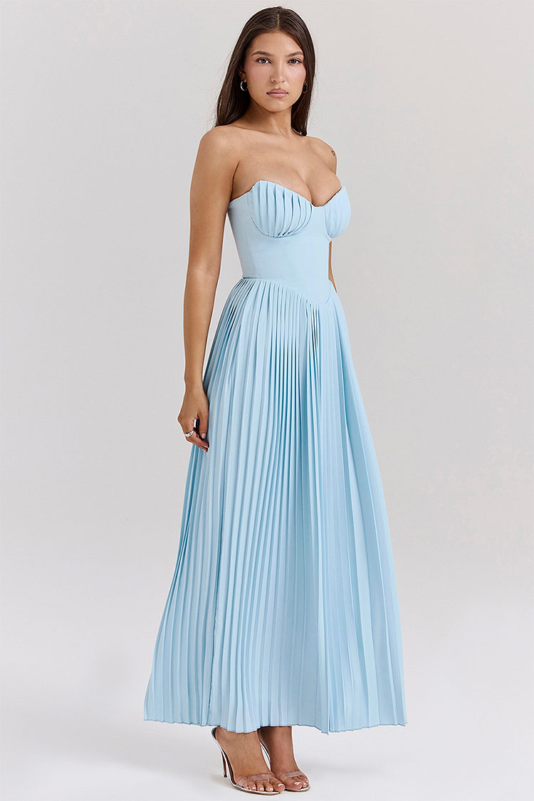 Strapless Cinch Waist Pleated Maxi Dresses