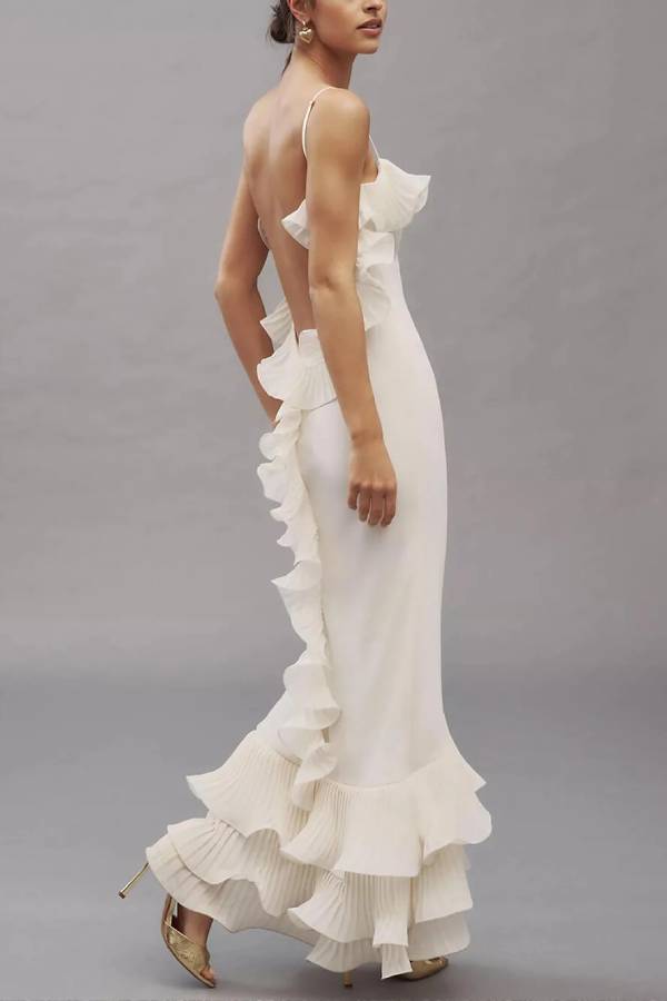 Alisin Pleated Chiffon Wavy Ruffles Trim Slip Maxi Dress