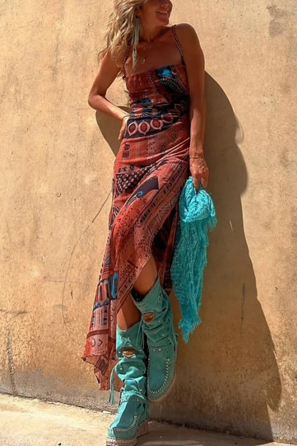 Midikleid im Gypsy-Stil mit einzigartigem Aufdruck, Wasserfallausschnitt hinten, Schnürung und Schlitz