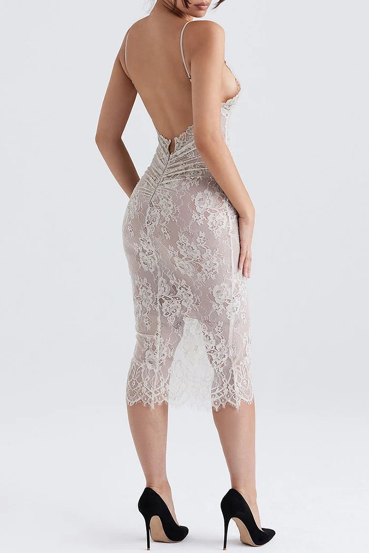 Floral Lace Slip V-Ausschnitt Rückenfreie Cocktail Party Midikleider