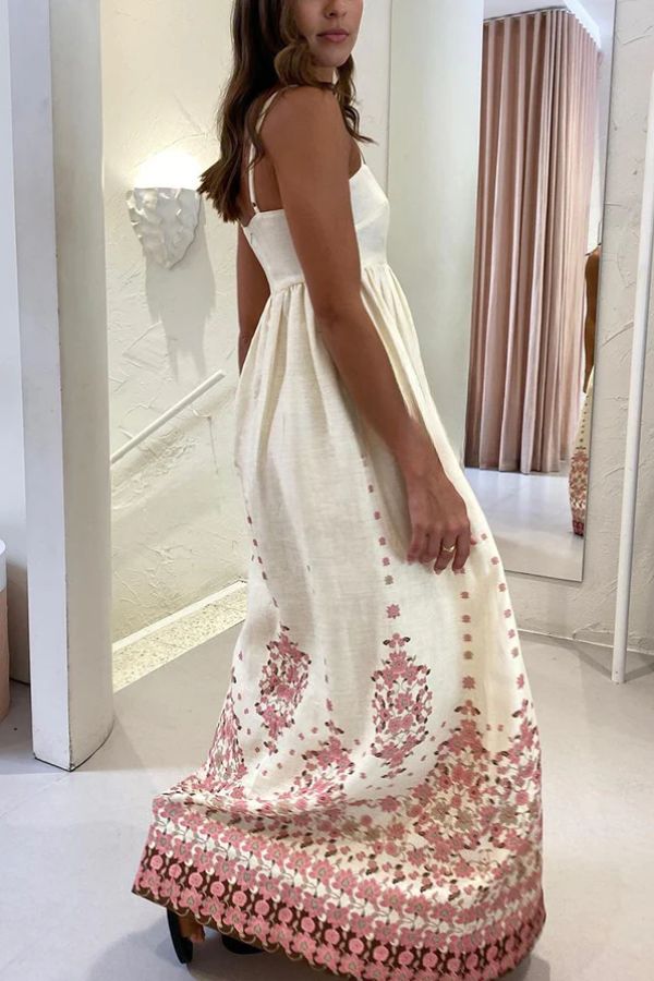 Paradise Flowers – Lockeres Maxikleid aus Leinenmischung mit einzigartigem Druck und Taschenträgern