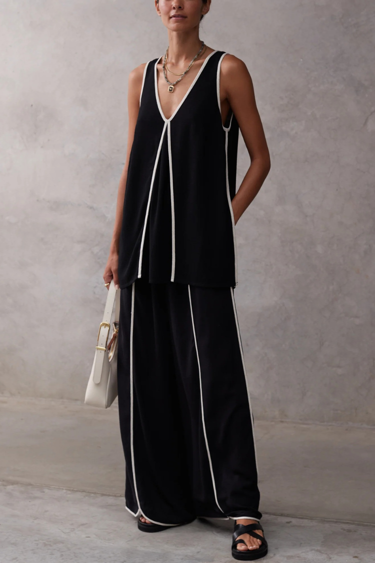 Vera A-Linien-Tanktop mit kontrastierenden Paspeleinsätzen und Hose mit weitem Bein und elastischer Taille