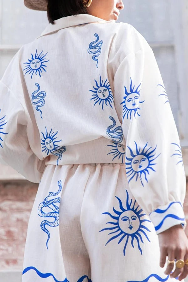 Symbol of Sicily – Lockeres Hemd aus Leinenmischung mit einzigartigem Druck und Ballonärmeln und Knöpfen