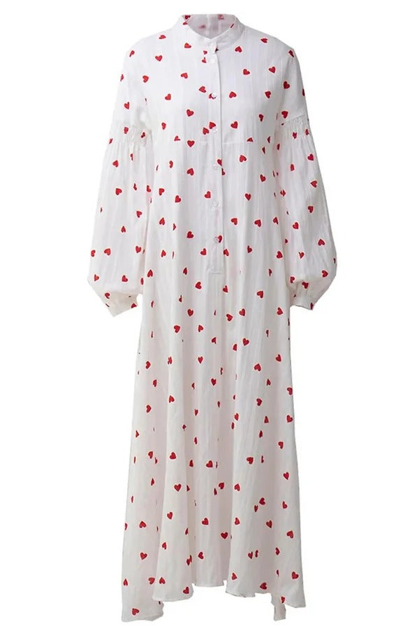 Süßes Maxikleid im lockeren Hemdstil mit Herz-Print und Puffärmeln