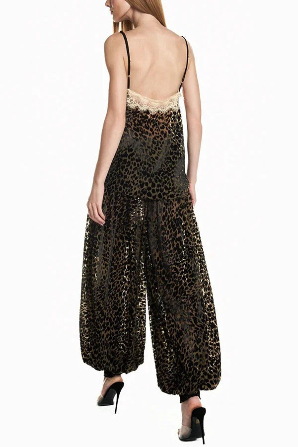 Wild Charm Leopard Print Lace Trim Spaghetti Strap Loose Tank