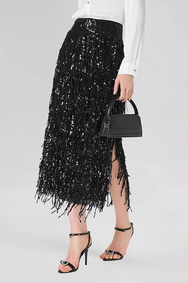 Evening Charm Layered Sequined Tassels High Rise Back Zipper Slit Midi Skirt