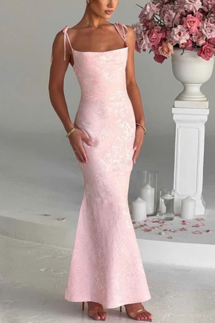 Jacquard Fabric Elegant Suspender Tie Slim Fishtail Maxi Dress