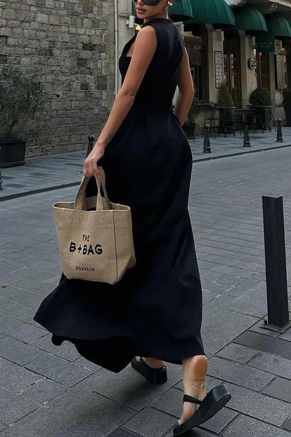 Robe longue élégante sans manches à col en V et fermeture éclair