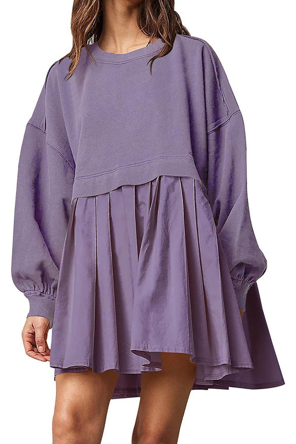 Süßes und besonderes, übertrieben plissiertes Patchwork-Sweatshirt-Minikleid in A-Linie