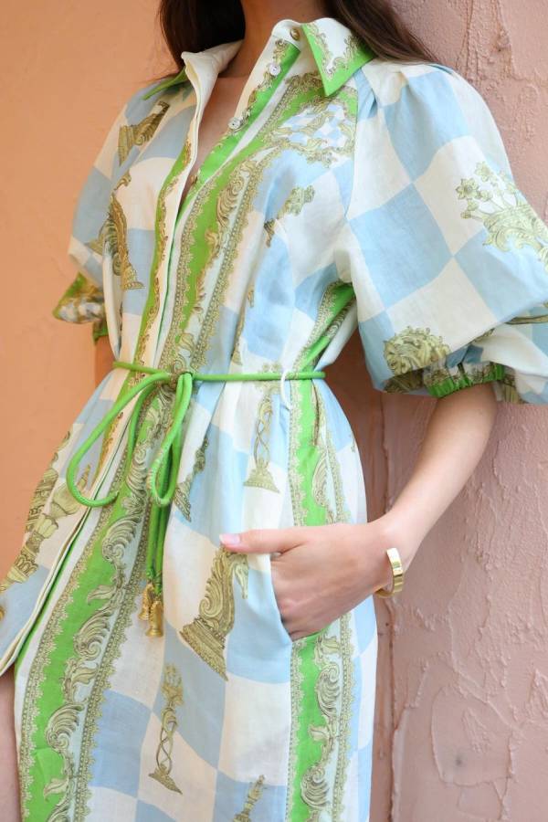 Einzigartiges bedrucktes Langarm-Midikleid mit Kordelzug und Tasche