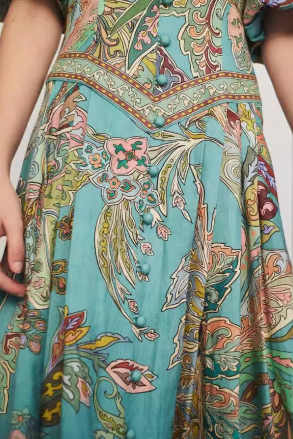 Retro-Midikleid mit V-Ausschnitt, Puffärmeln und Blumendruck