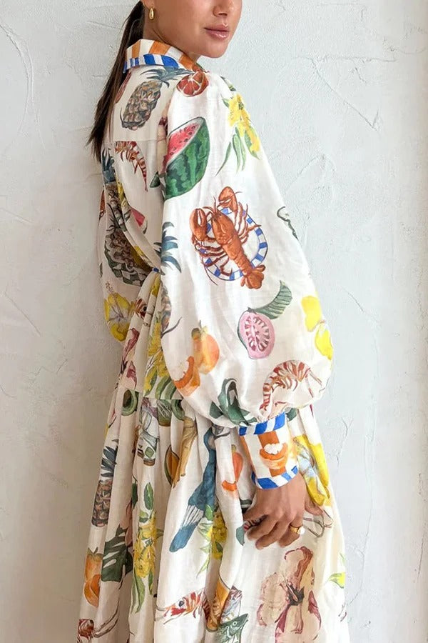 Einreihiges Kleid mit Graffiti-Print und Bindegürtel