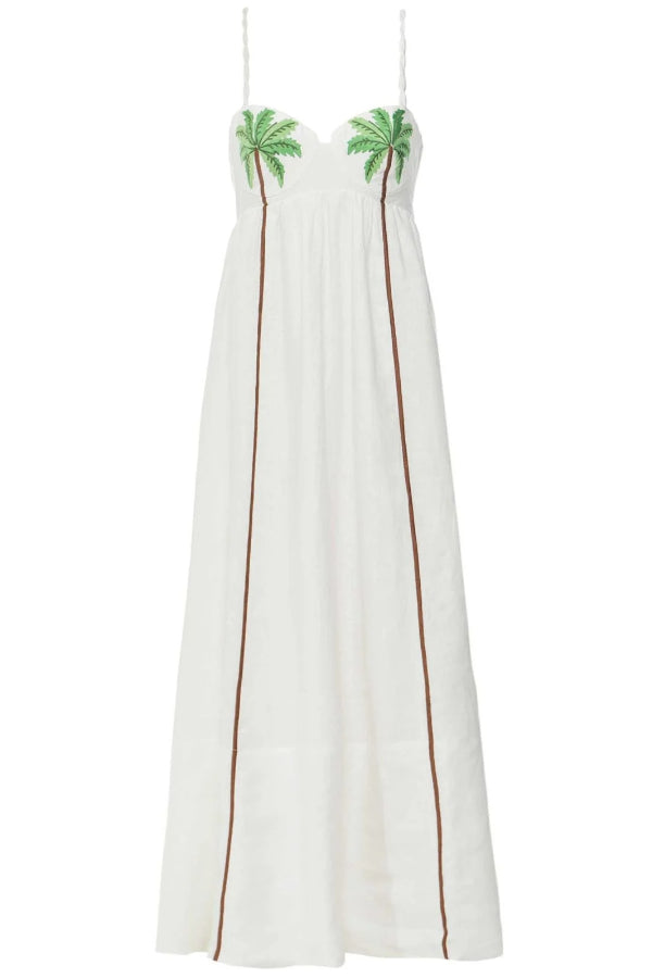 Rückenfreies Maxikleid mit Kokosnussbaum-Print, Hosenträgern und großem Saum