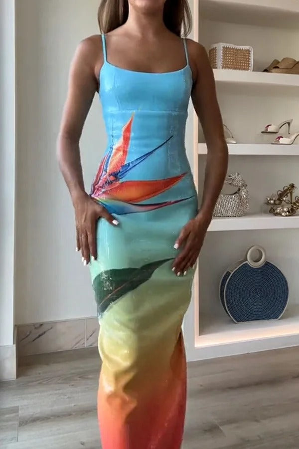 Robe longue extensible fendue à imprimé floral dégradé unique à sequins Dreamy Dreamy