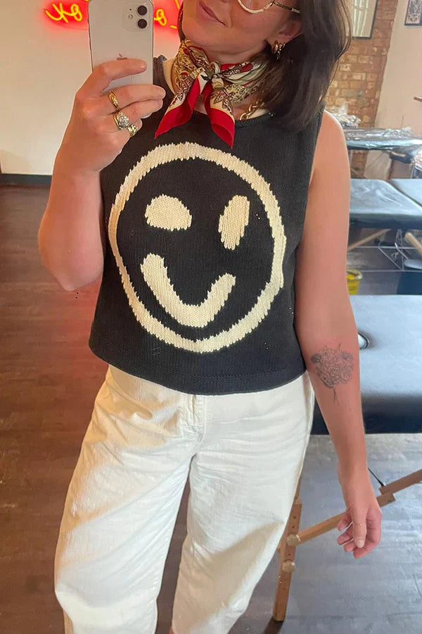 Always Happy Face Strick-Tanktop mit einzigartigem Muster, vielseitig und locker