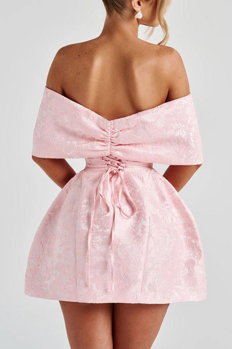 Raquel Floral Jacquard Oversized Off The Shoulder Bow Detail Mini Dress