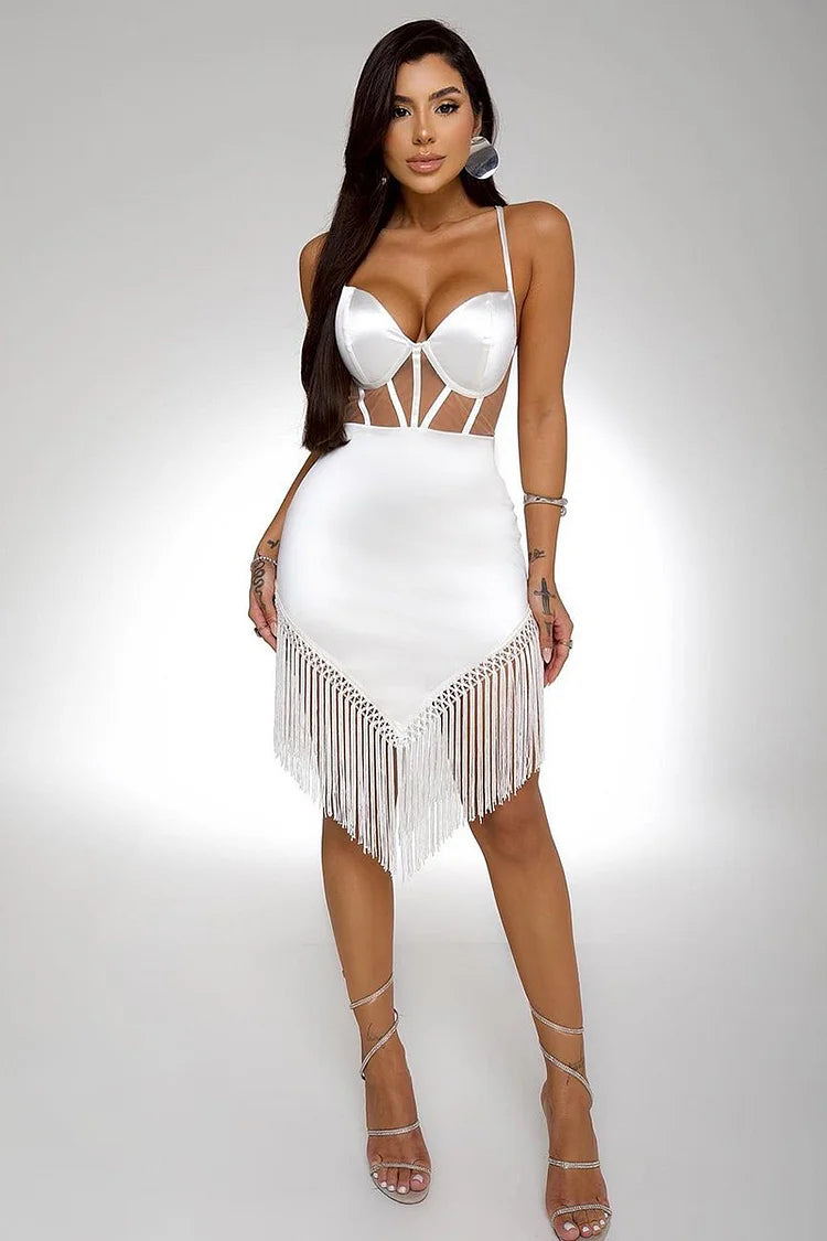 Crossover Unregelmäßiger Quastensaum Korsett Cocktail Party Satin Minikleider-Weiß