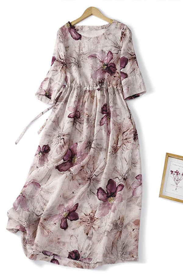Kleid aus Baumwolle und Leinen mit Blumenmuster und Krawatte