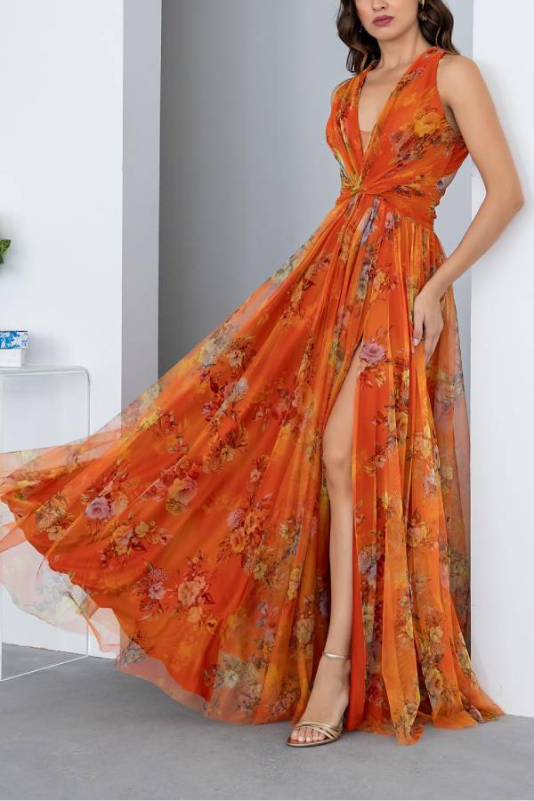 Herbstliches, romantisches, florales Tüll-Maxikleid mit Twist-Detail und rückenfreiem Schlitz