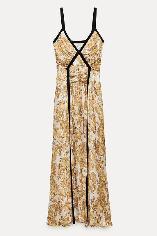 Violettes kontrastierendes, einzigartiges Print-Maxikleid mit plissiertem Rücken und Riemchen