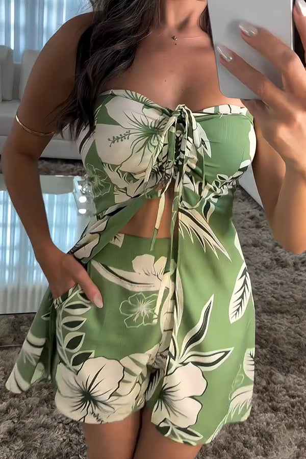 Ensemble haut bandeau sexy à imprimé floral avec cordon de serrage et short à poches à taille élastique