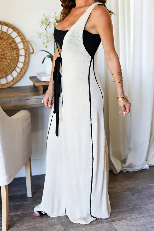 Boat Date Strick-Maxikleid mit Kontrast-Print und Selbstbindung in Übergröße