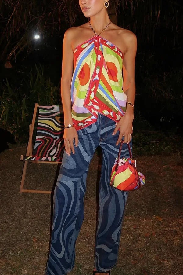 Artistic Girl Satin Unique Print Metal Chain Halter Draped Scarf Tank