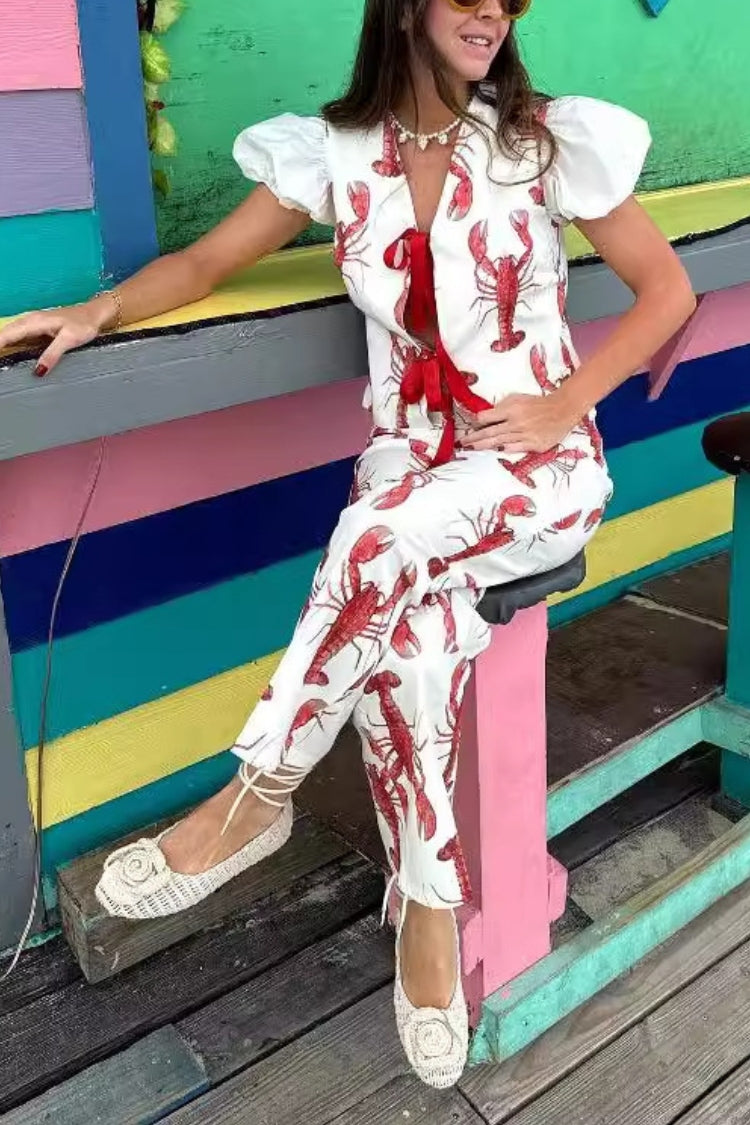 Fun Vacation – Hochgeschnittene, gerade Hose mit Hummer-Print