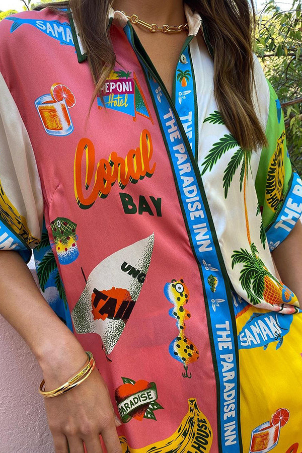 Kissed By The Sun – Übergroße Satinbluse mit einzigartigem Farbblock-Print und Knopfleiste