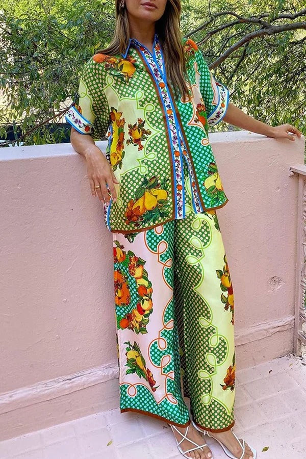 Enjoy Summer Lemon Satin Hose mit einzigartigem Druck, elastischer Bund und Taschen, weites Bein