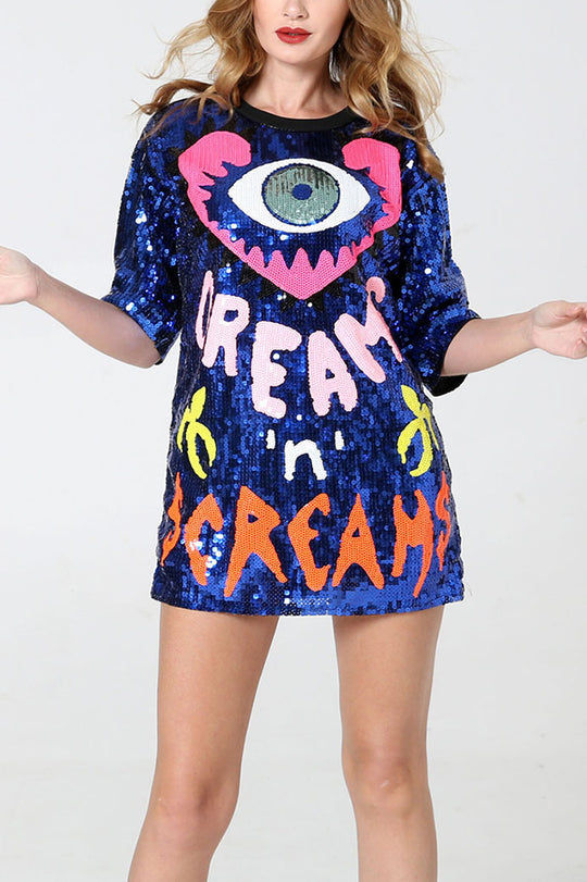 Lockeres T-Shirt mit Pailletten und Love Eyes Letters, Rundhalsausschnitt, kurzen Ärmeln und mittlerer Länge