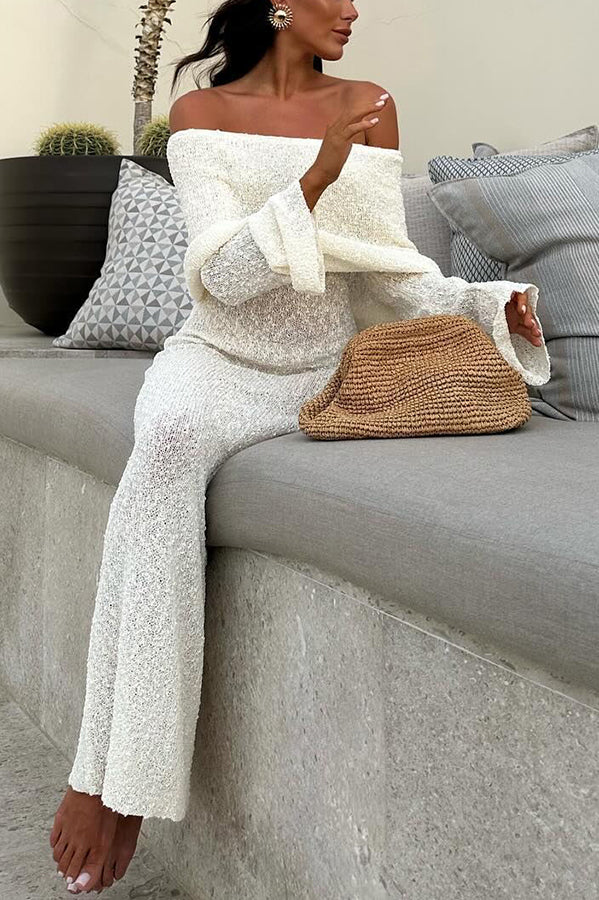 Marisol – Schulterfreies, drapiertes Maxikleid aus geripptem Bouclé-Material mit Stretchanteil für den Urlaub