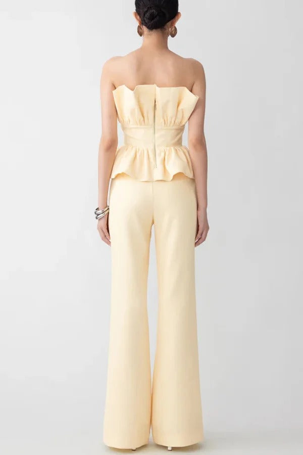 Every Occasion Crepe Panel Ruffles Strapless Top and High Rise Pocketed Flare Pants Set